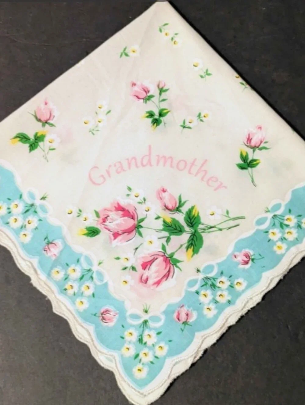 Grandmother Floral Cotton Handkerchief Pink Blue Scalloped Edges 14 x 14 NWT